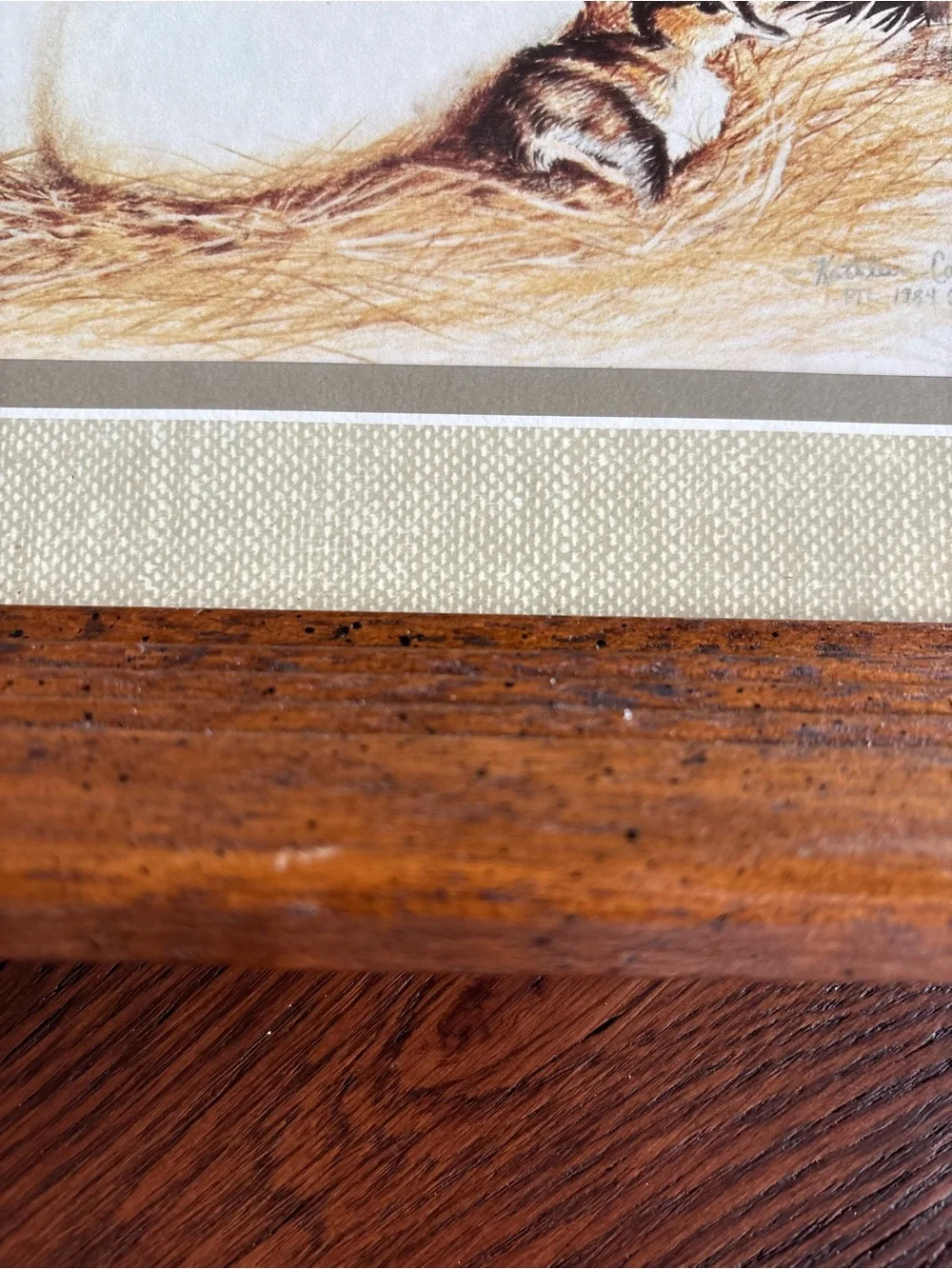 Vintage Art Print, “Duck With Ducklings” 1984 Kathleen Casey Matted Wood Frame